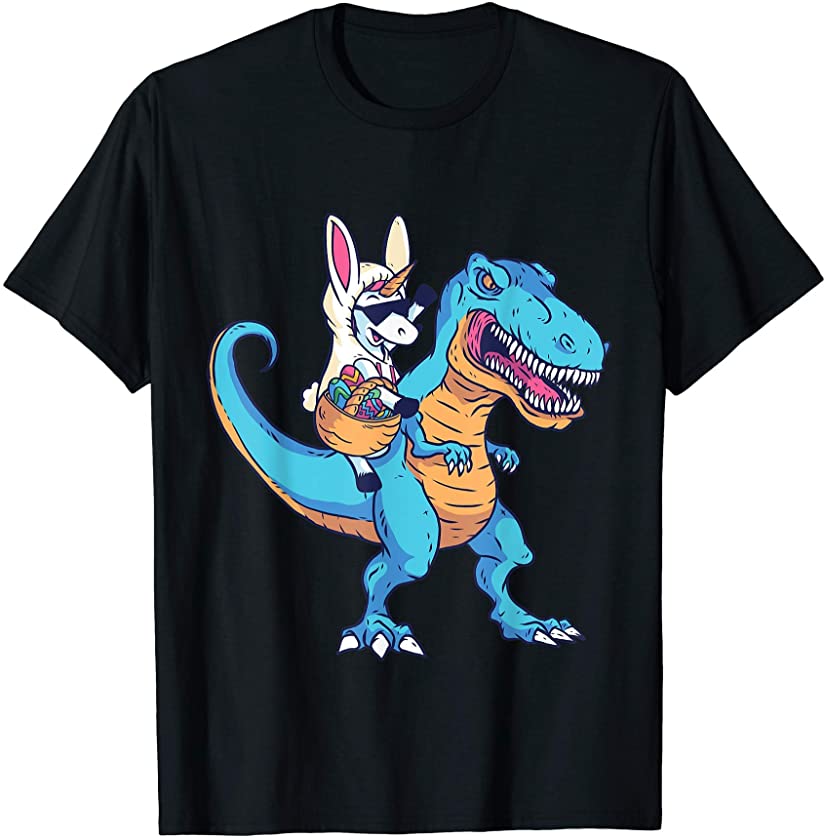 Unicorn Riding T rex Dinosaur Easter Bunny Basket Boys Kids T-Shirt