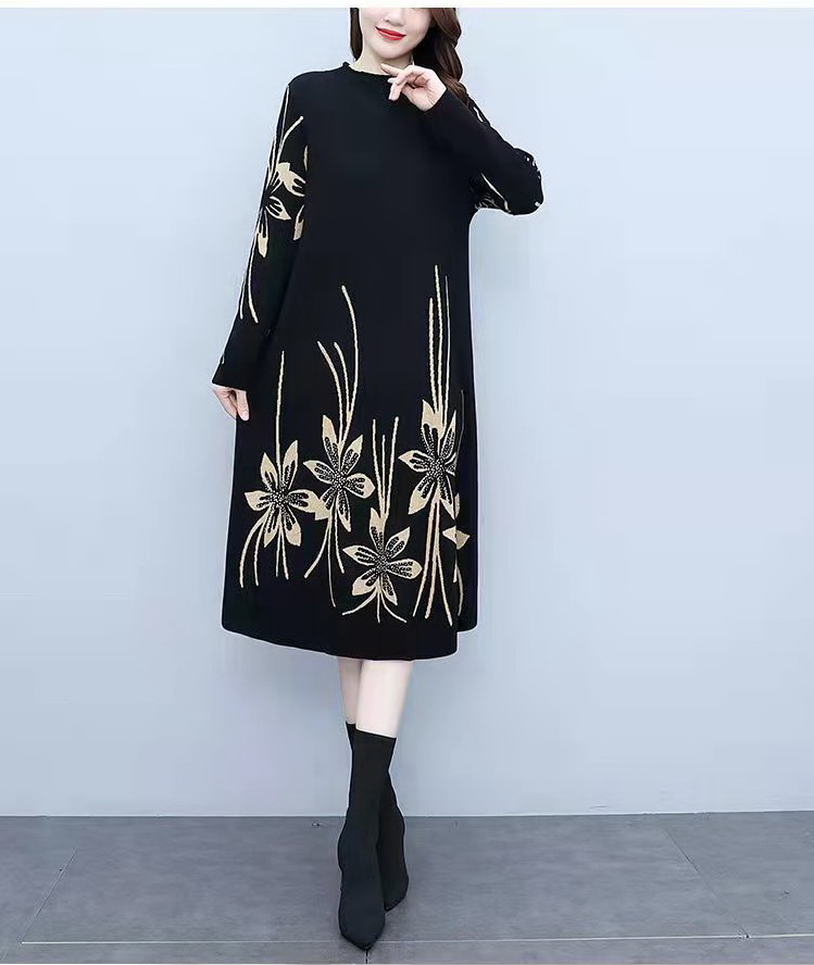 2021 Autumn Winter Hot Drill Floral Jacquard Sweater Dress Women Loose Oversize Casual Mid-calf Bottom Knitted Dressss Female alx