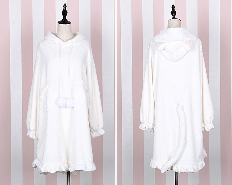 Super Cute Meow Star Girls Cat Ears & Tail Lolita Soft Fleece Sleep Dress Kawaii Nightgown Sleepshirt Pink & White alx