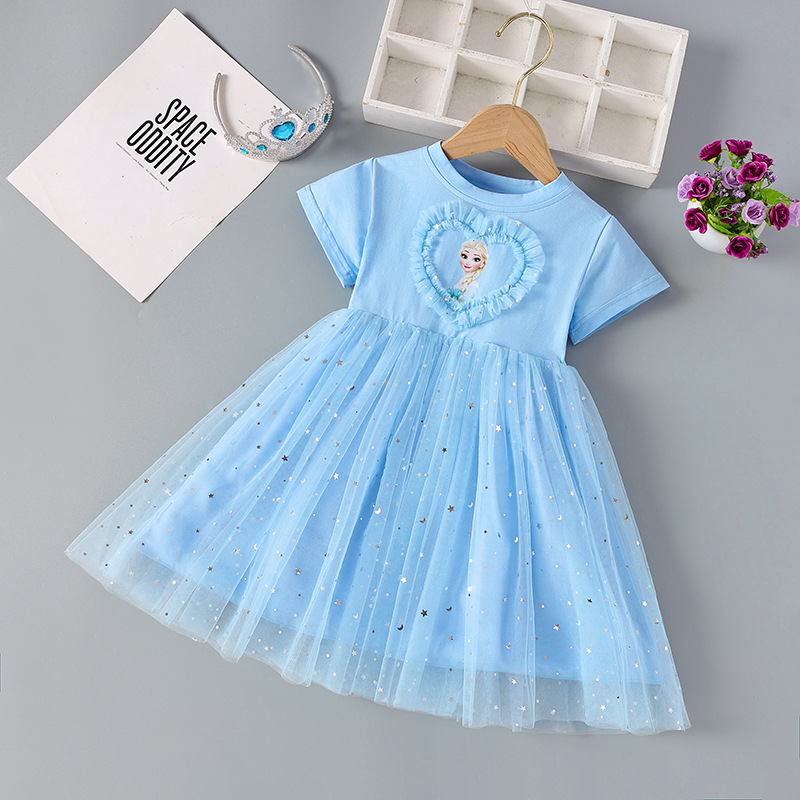 Summer Breathable Dresses Frozen Cartoon Blue Pink Clothes Trendy Novelty Lace Love Heart Elsa Princess Dress for Girls 2-8Y alx