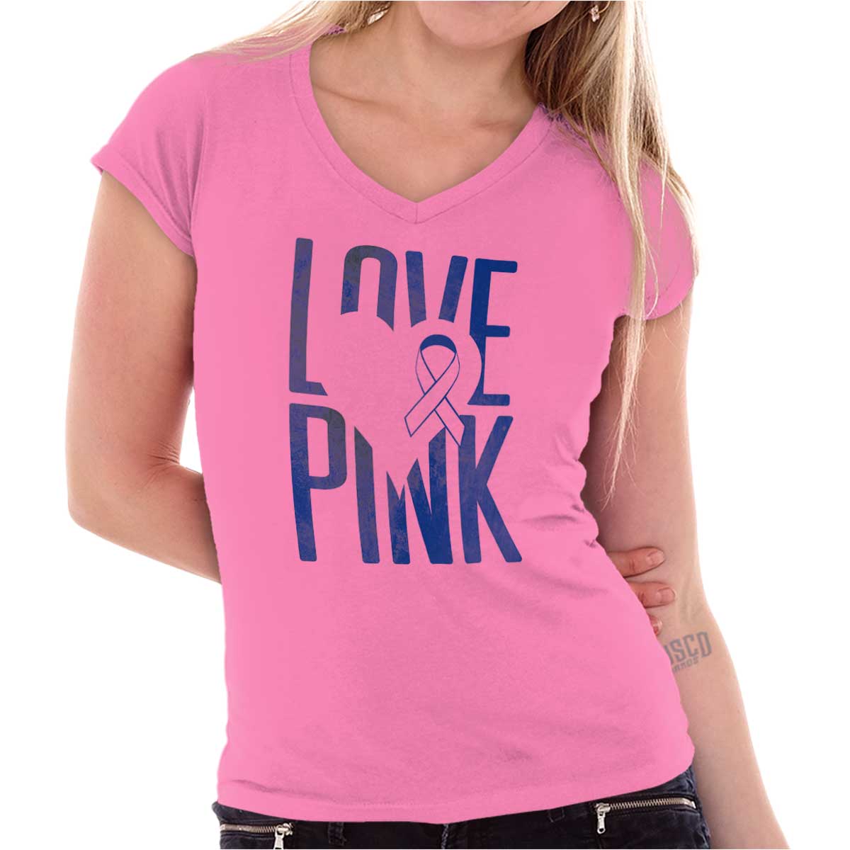 Breast Cancer Awareness Love And Pink Junior V-Neck Tee