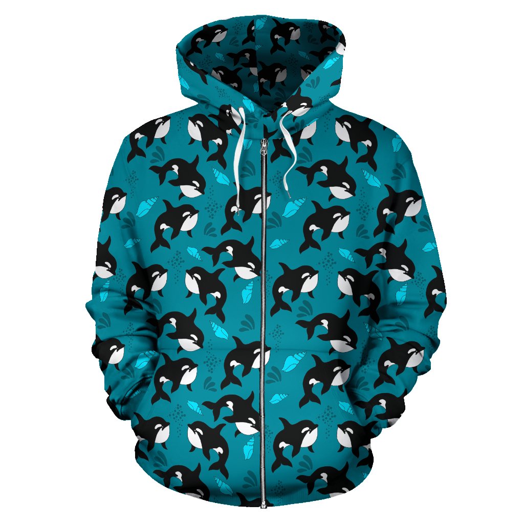 Whale Sea Design Themed Print Zip Up Hoodie