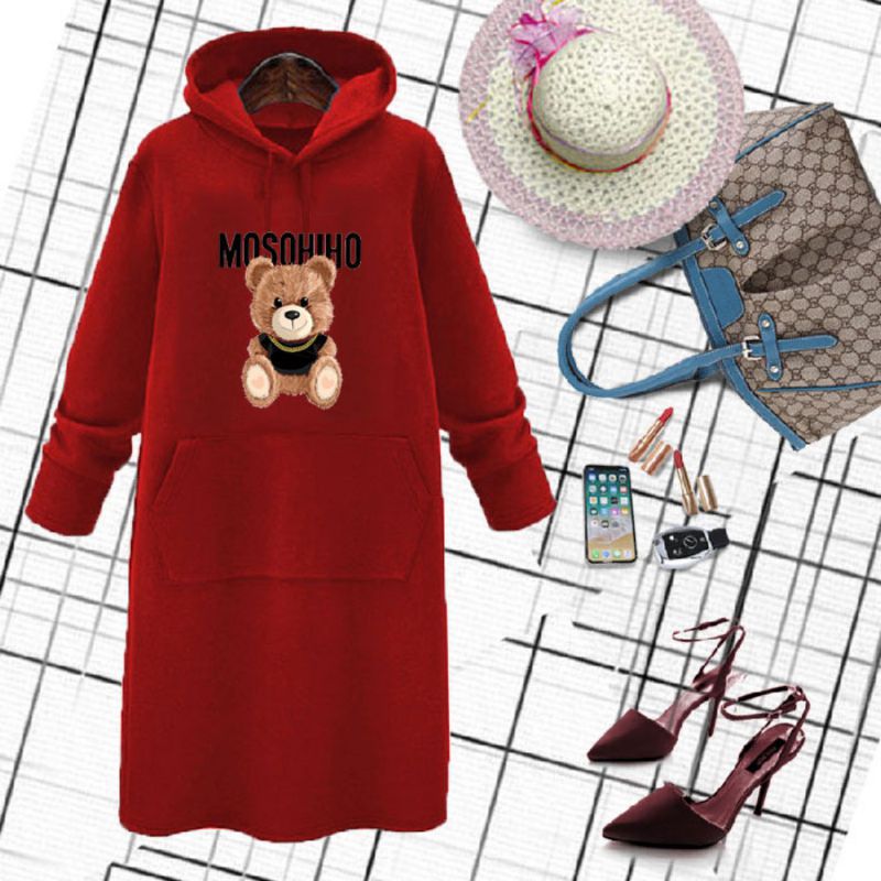 Autumn Winter Women Letter Cute Bear Loose Long Hoodie Dresses Casual Hooded Sweatshirts Pullover Oversized Sweatshirt Dress alx