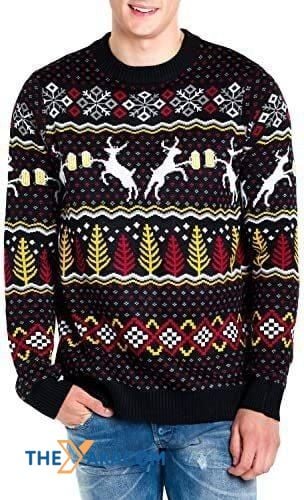 Black Deer Drinking Beer Patterns And Colorful Christmas Tree Gift For Christmas Ugly Christmas Sweater