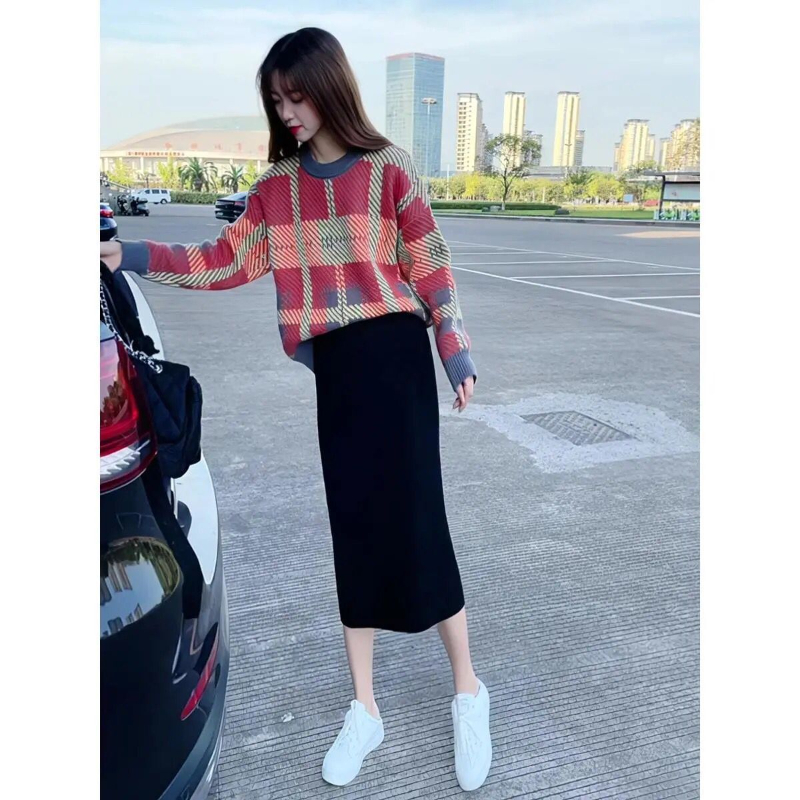 Woman Knitted Two Pieces Set Female Plaid Pullovers Sweater Tops and High Waits Skirts Bodycon Office Ladies Skirts Suits G210 alx