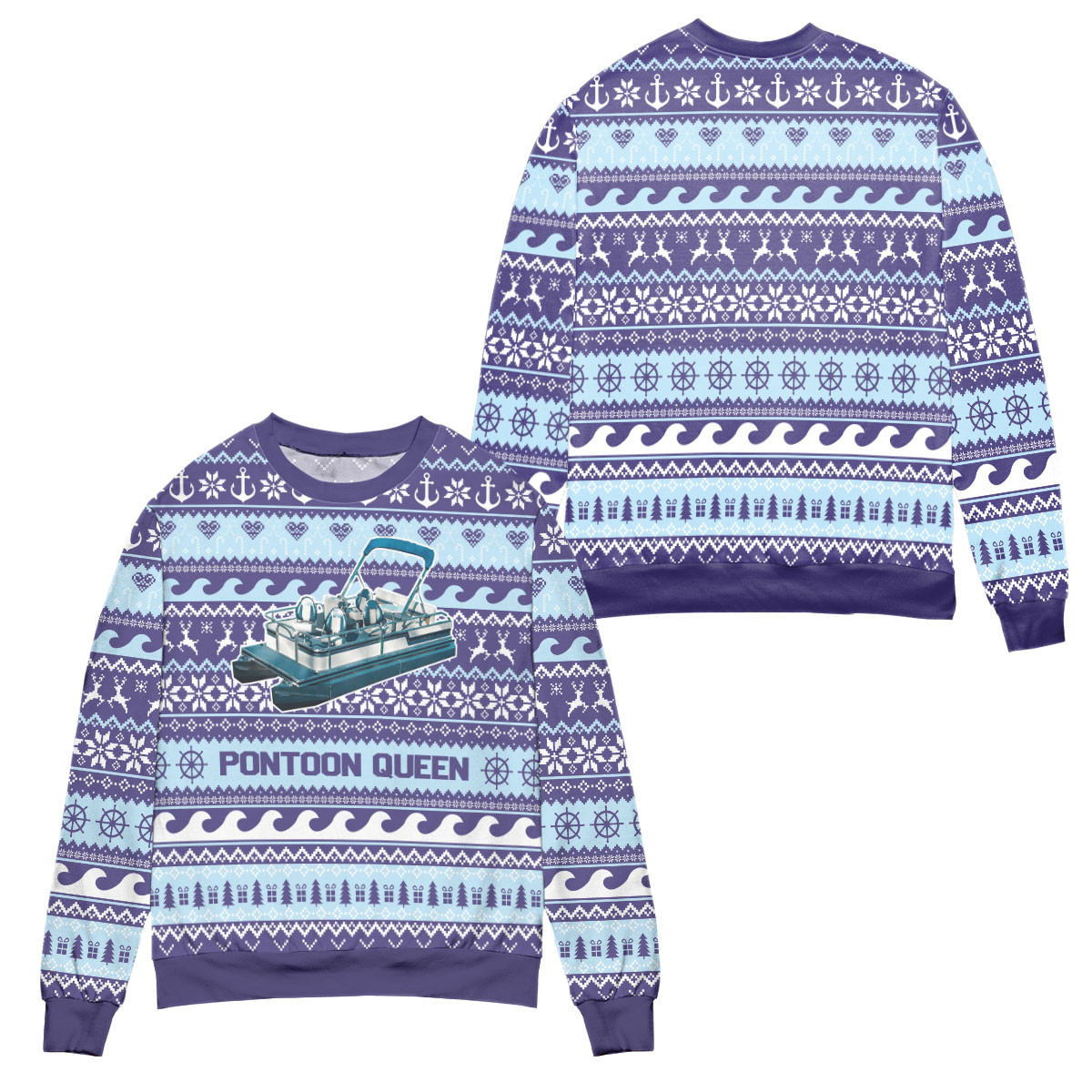 Pontoon Queen Penguin Snowflake Ugly Christmas Sweater – All Over Print 3D Sweater – Blue