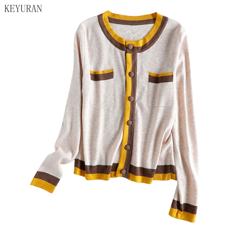 2022 Spring Knitted Sweater Cardigan Women Long Sleeve O-Neck Loose Single Breasted Contrast Color Thin Sweater Jacket Jumpers alx