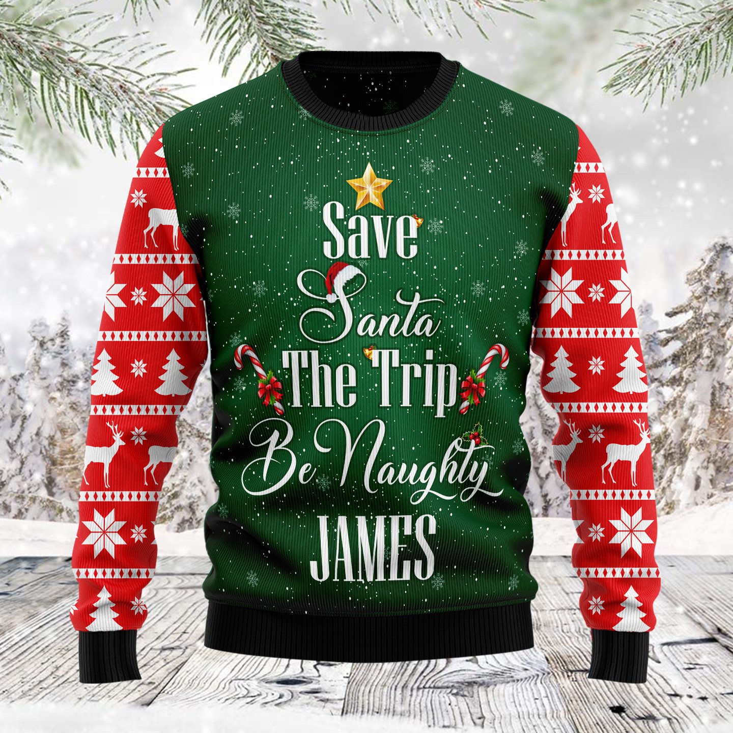 Save Santa The Trip Be Naughty Custom Name G5122 unisex womens & mens, couples matching, friends, funny family ugly christmas holiday sweater gifts (plus size available)