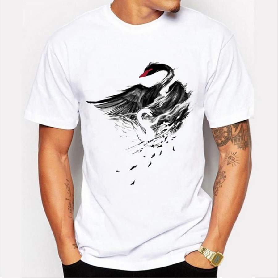 New fashion leisure T – shirt personality black swan printed shirt loose short – sleeved couple t – shirt