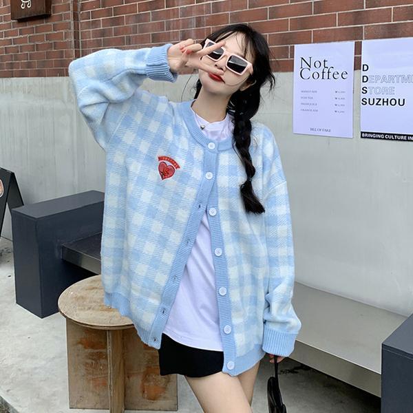 Spring Autumn Knitwear Plaid Cardigans Heart Embroidery Fashion Streetwear Leisure O Neck Vintage Harajuku Women Outwear Casual alx