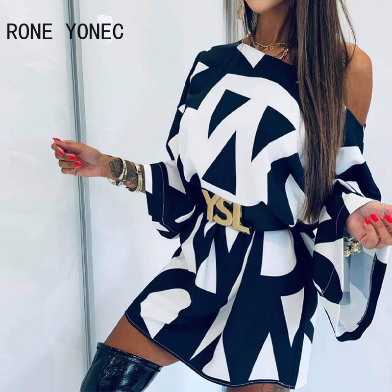 Women One Shoulder Bell Sleeve Abstract Print Dress alx