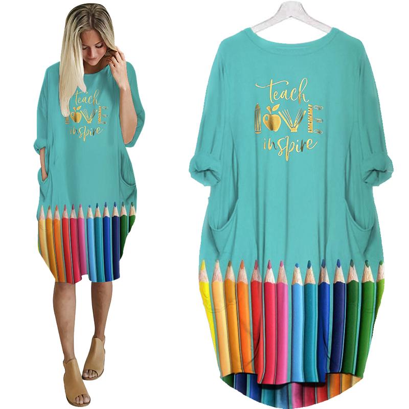 Teach Love Inspire- All Over Printed Batwing Pocket Dress