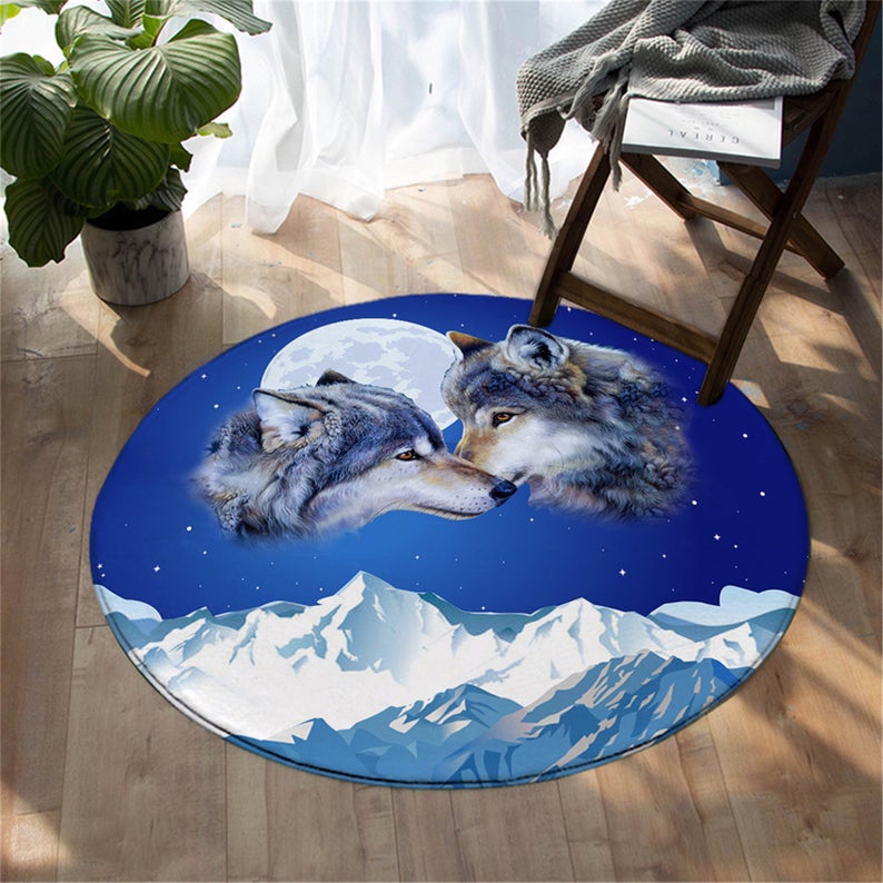 Royal Wolf Blue Round Carpets Colorful Bedroom Area Rug Wild Animal Floor Mat Tribal Rug For Living Room