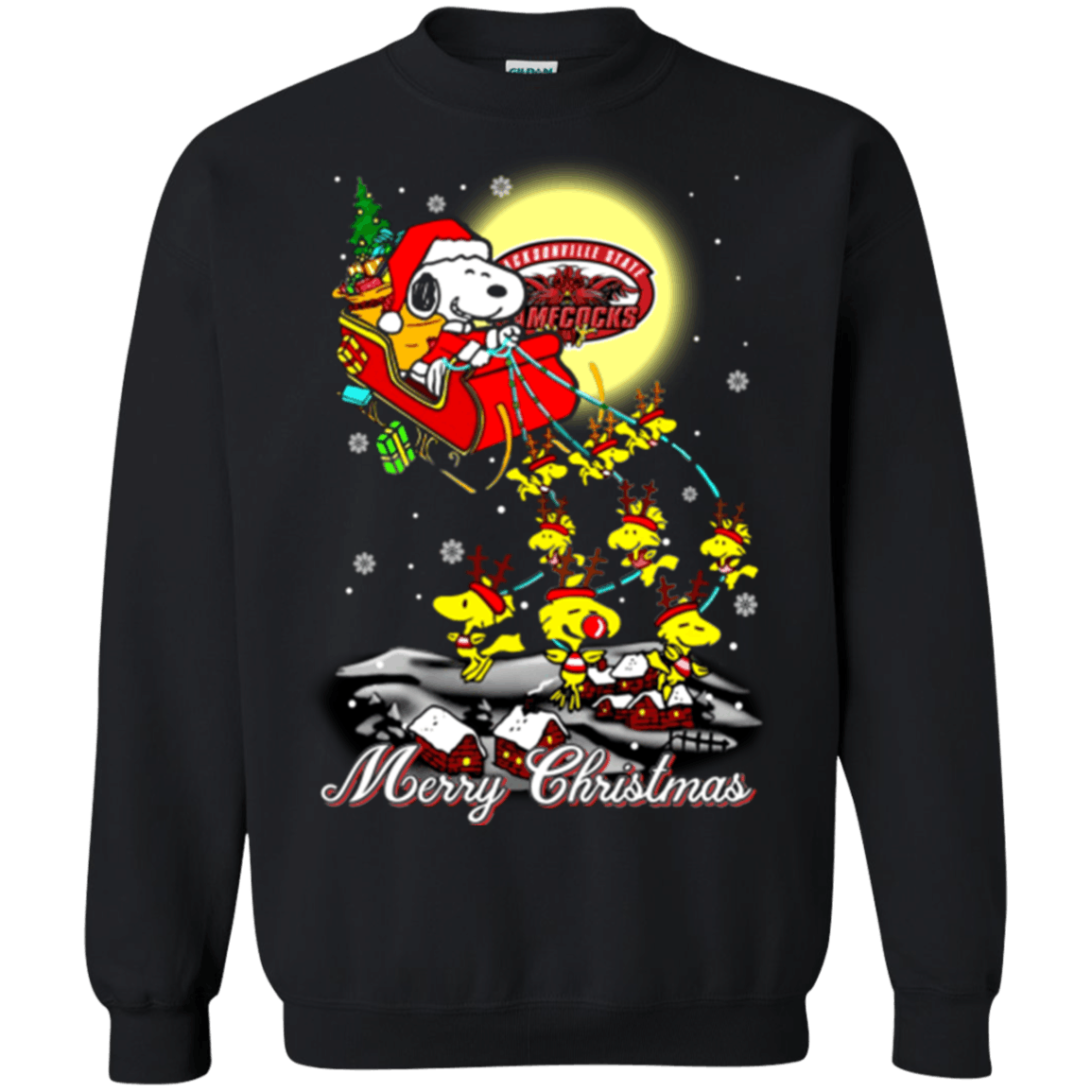 Amazing Jacksonville State Gamecocks Snoopy Ugly Christmas Sweaters Santa Claus With Sleigh Sweatshirts