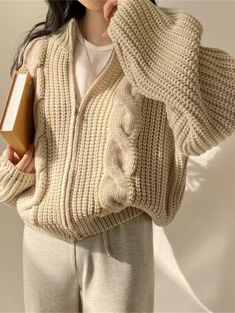 Chic Vintage Sweater Cardigan Women Autumn Winter Lazy Style Twist Design Knitted Jackets Loose Casual Solid Simple Coats Female alx