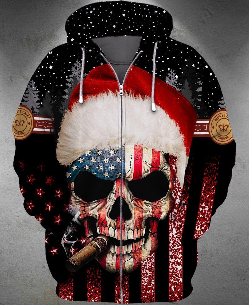 American Flag Smoking Skull For Christmas Holiday 3D Zipper Hoodie