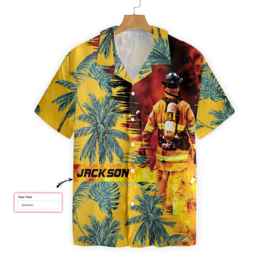 Firefighter Yellow Tropical Personalized Hawaiian Shirt Ha56965