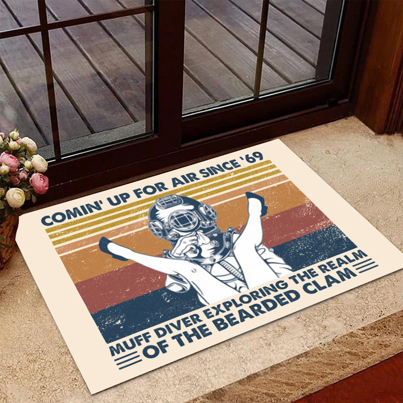 Funny Welcome Rug, Comin’ Up For Air Since 69 Muff Diver Exploring The Realm Of The Bearded Clam Doormat