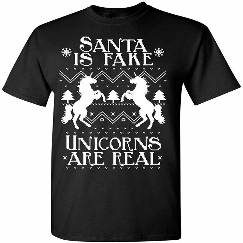 Ugly Christmas T-shirt Santa Is Fake Unicorns Are Real Men’s Tee Shirt