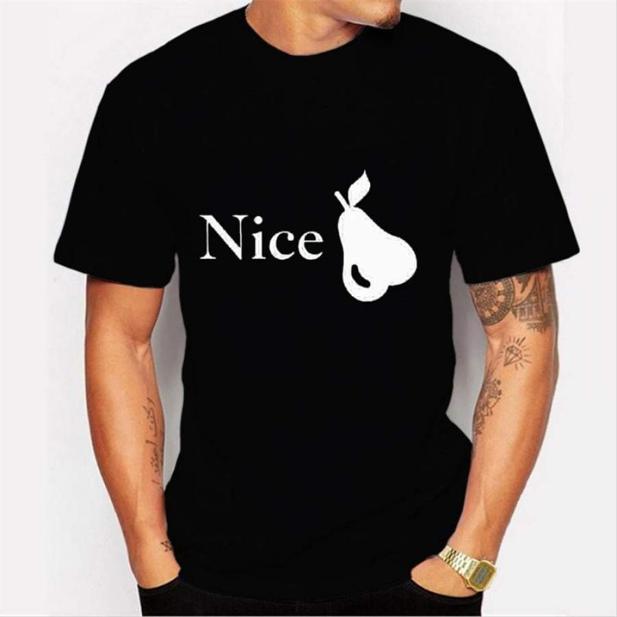 New Section Men’S Casual Fashion Personalized ‘Nice’ Letters Printed Short Sleeve Tops Men’S Pear Pattern Black T-Shirt