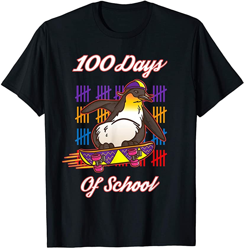 Happy 100 Days Of School For Kids Boys Penguin Skateboard T-Shirt