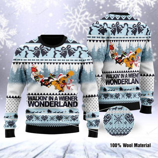 Walkin’ In A Wiener Wonderland Christmas Ugly Sweater | Unisex | Full Size | Adult | Colorful |  US1006