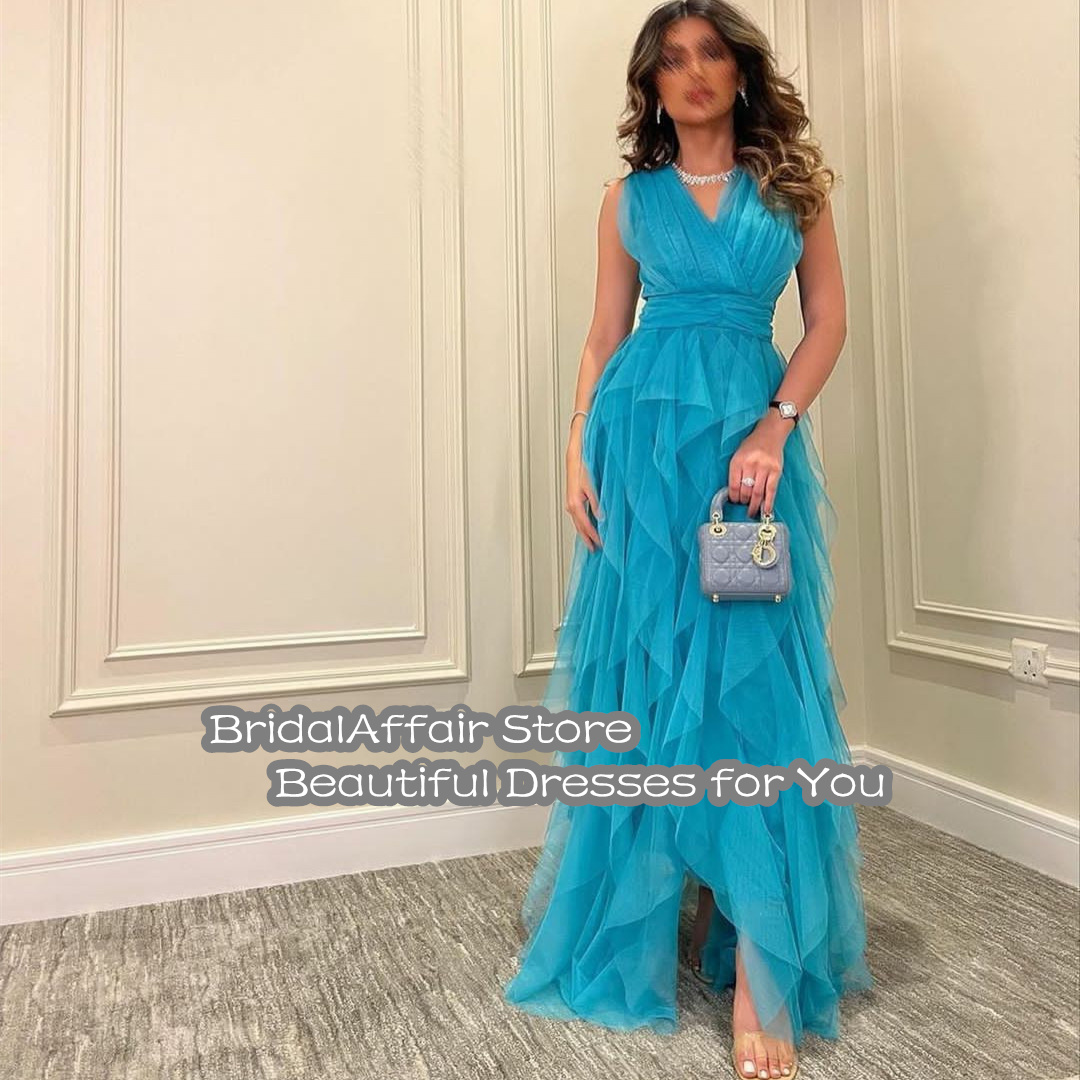 BridalAffair Vintage Long Tulle Blue Evening Dresses A-Line فساتين السهرة Muslim V-Neck Floor Length Party Dresses for Women alx