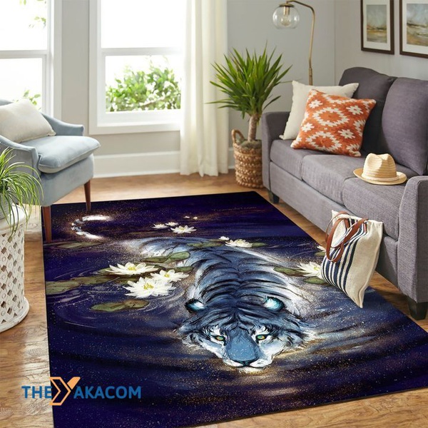 A Tiger With Lotus Flowers Rectangle Area Rug Floor Decor