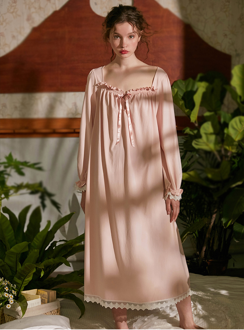 Women Pink Square Collar Princess Dress Lolita Sleepshirts Vintage Stringy Selvedge Nightgown.Cotton Nightdress Sleep Loungewear alx