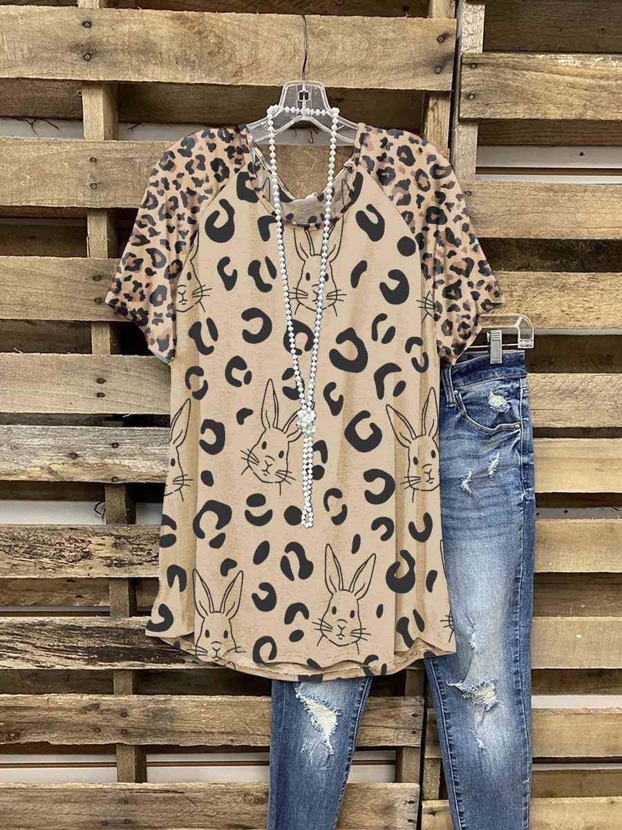 Women Easter Leopard Printed Neck Casual Shirts Top