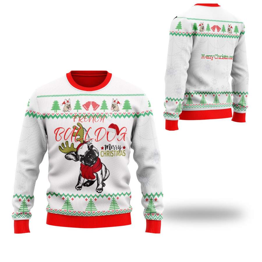 French Bulldog Ugly Christmas Sweater SweatShirt Dog Wearing Deer Horn Rim Scarf Christmas