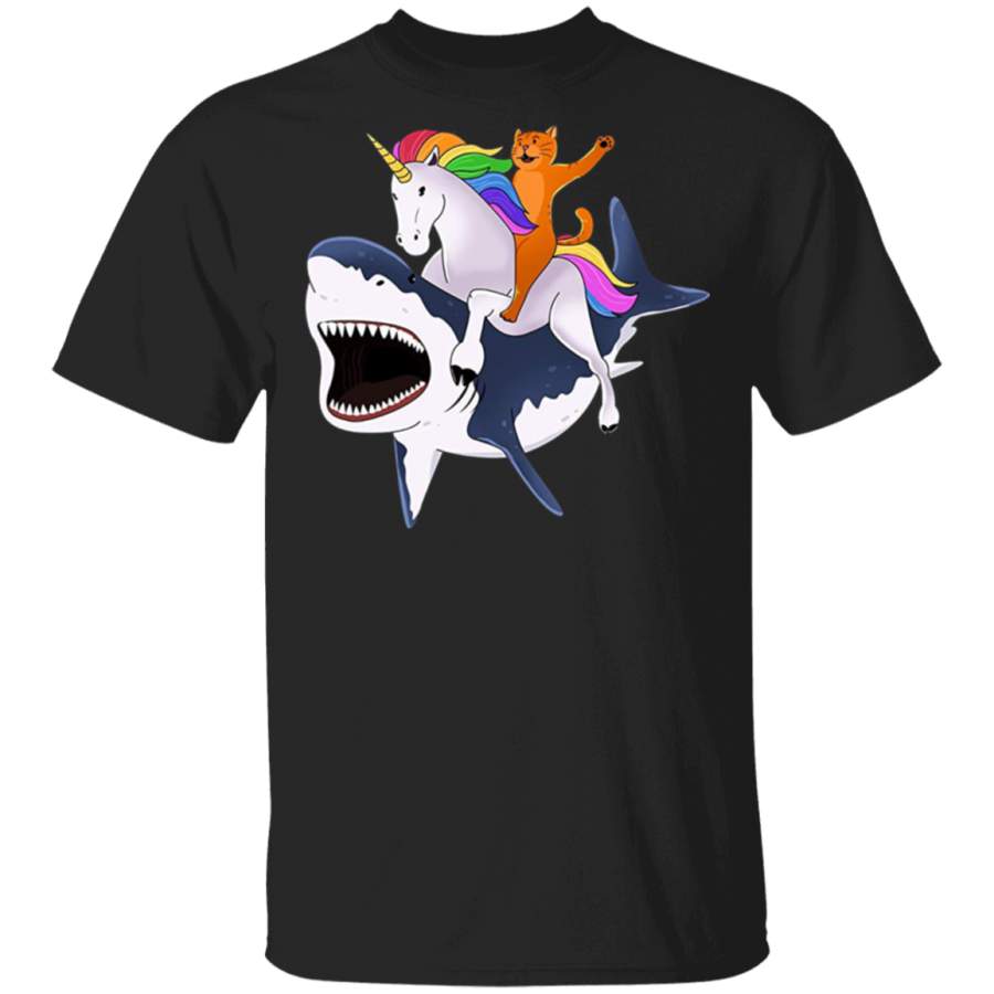 Cat Riding Unicorn Riding Shark 2018 Gift T Shirt