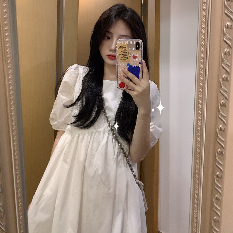 White Aesthetic Women’s Dresses Aesthetic Midi White Fashion Summer Light Dress Loose Elegant Korean Puff Sleeve Casual Tunics alx