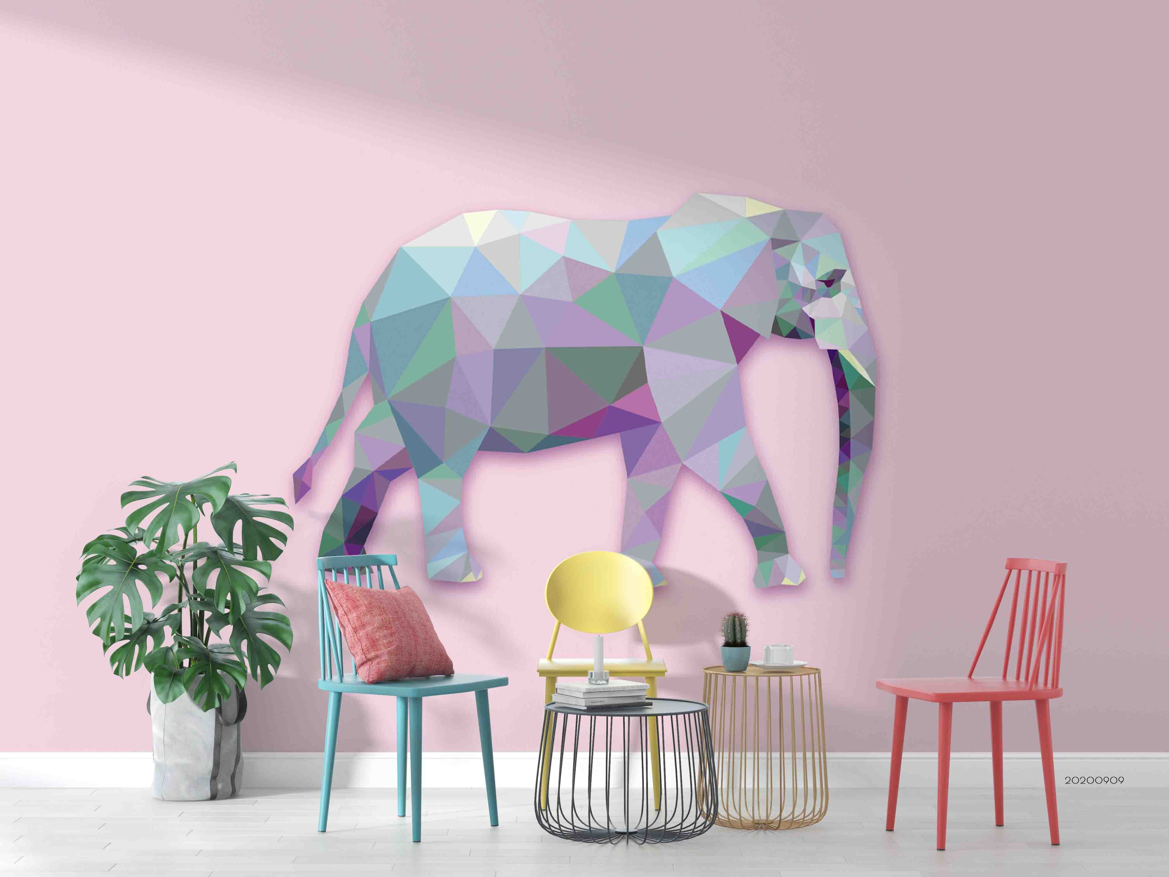 3D Hand Drawn Geometric Colorful Elephant Animal Pink Wall Mural Wallpaper Lxl