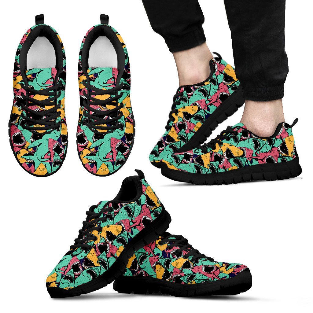 Shark Print Pattern Black Sneaker Shoes For Men Women