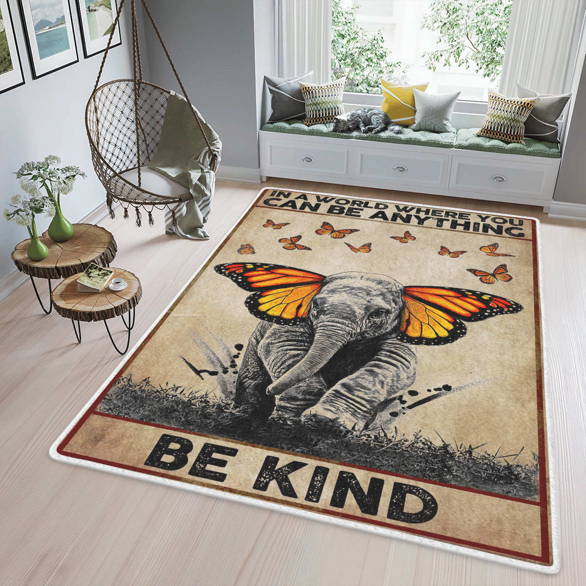 Wooni In A World Where You Can Be Anything Be Kind – Elephant And Butterfly Area Rug, Rectangle Rug Wn14022253