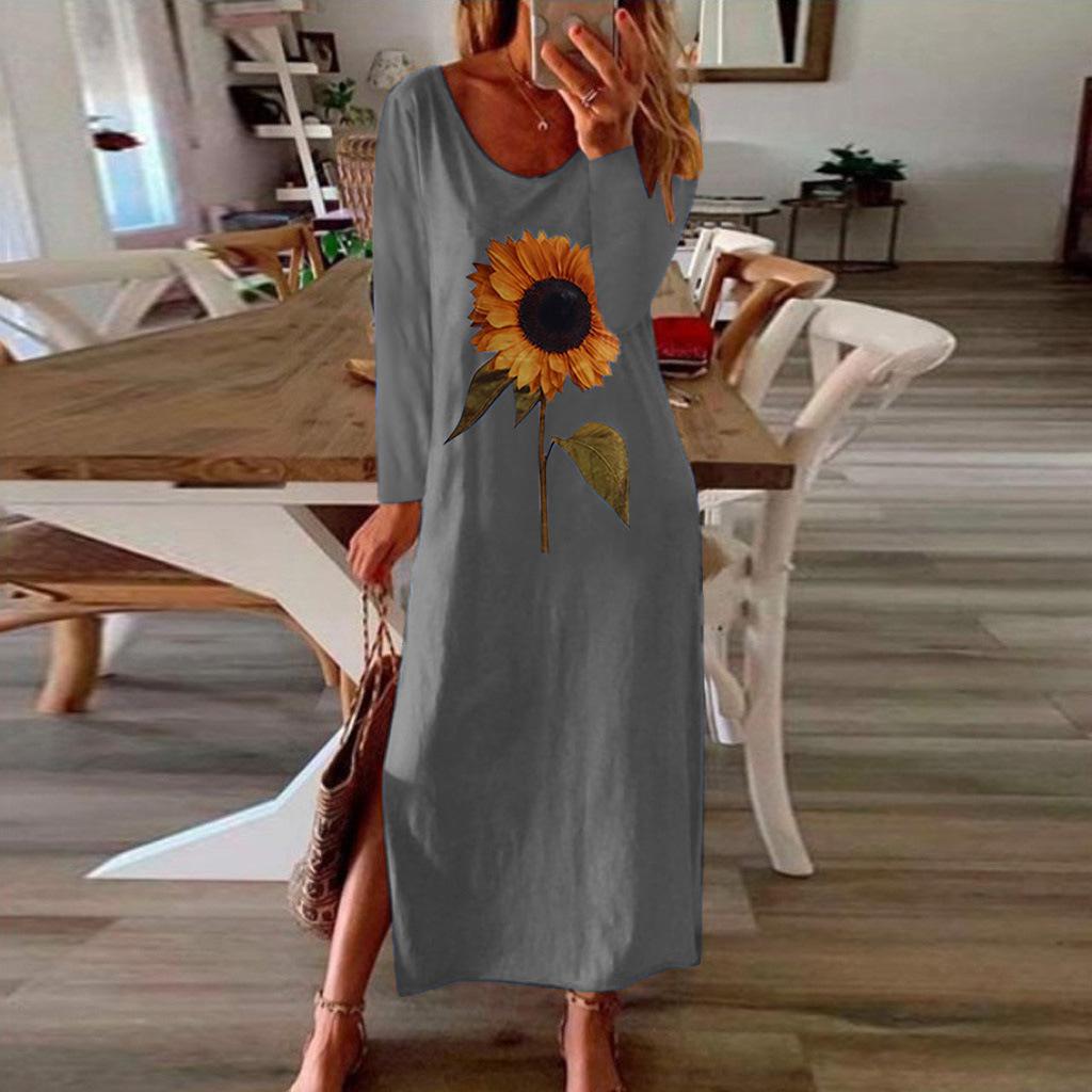 Sunflower 3D Print Split Summer Autumn Dress Women Elegant 2022 White Long Sleeve Plus Size Maxi Dresses for Women Vestidos alx