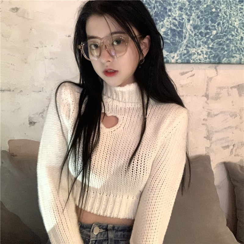 Women Cropped Sweaters Turtleneck Love Hollow Out Design Y2K Hot Slim Pullovers Solid Kawaii Ulzzang Retro Mujer Stylish Tricot alx