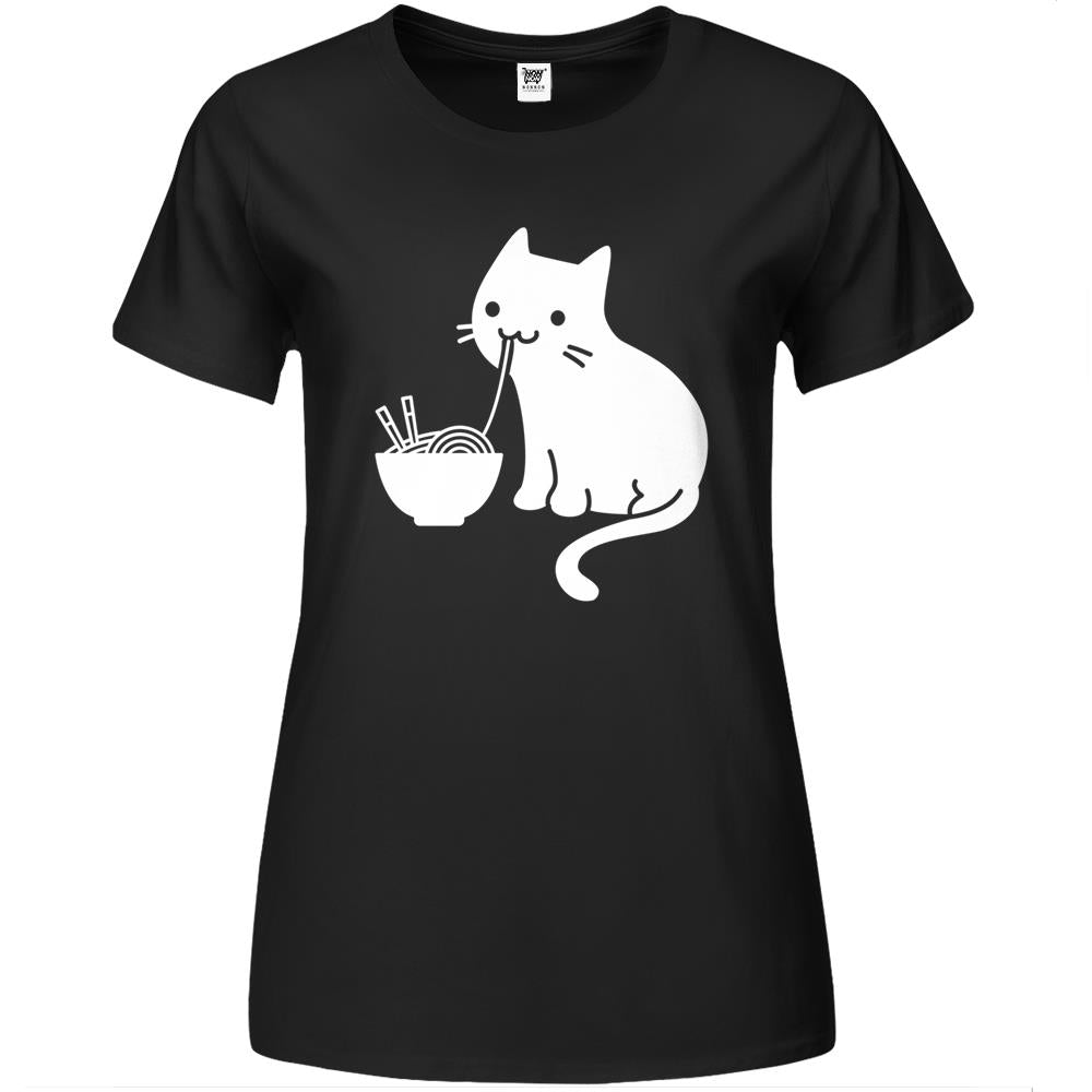 Cute Cat Eating Ramen Premium Womens T Shirts