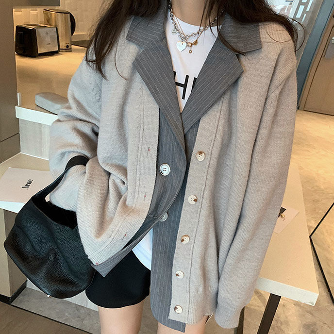 [EWQ] Office Lady Casual Fake Two-piece Set Patchwork Suit Single Breasted Knitted Cardigan Loose Sweater Women 2022 Autumn Tide alx