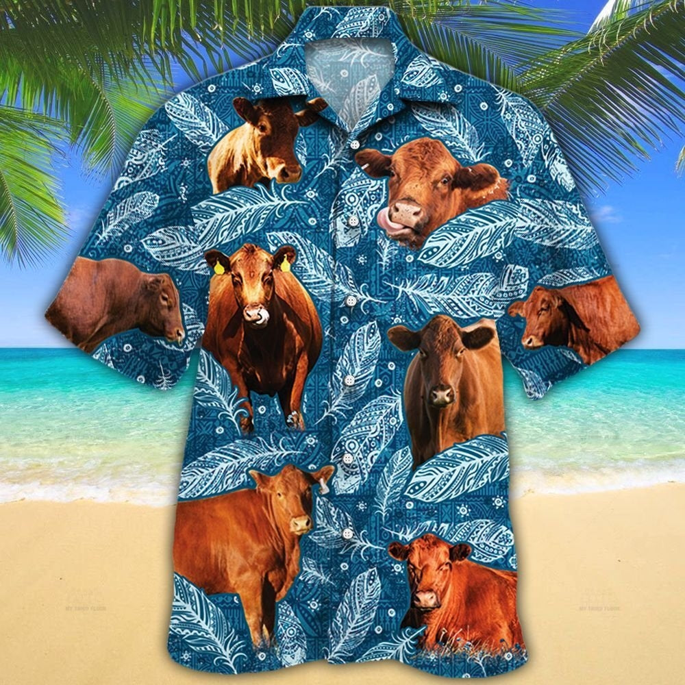 Red Angus Cattle Lovers Blue Feather Hawaii Shirt Ha97404