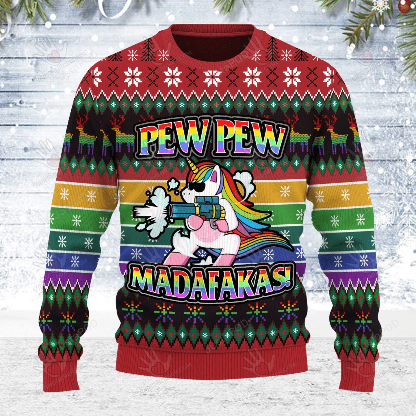 Unicorn Lgbt Pew Pew Ugly Christmas Sweater, All Over Print… Ugly Sweater Christmas Gift