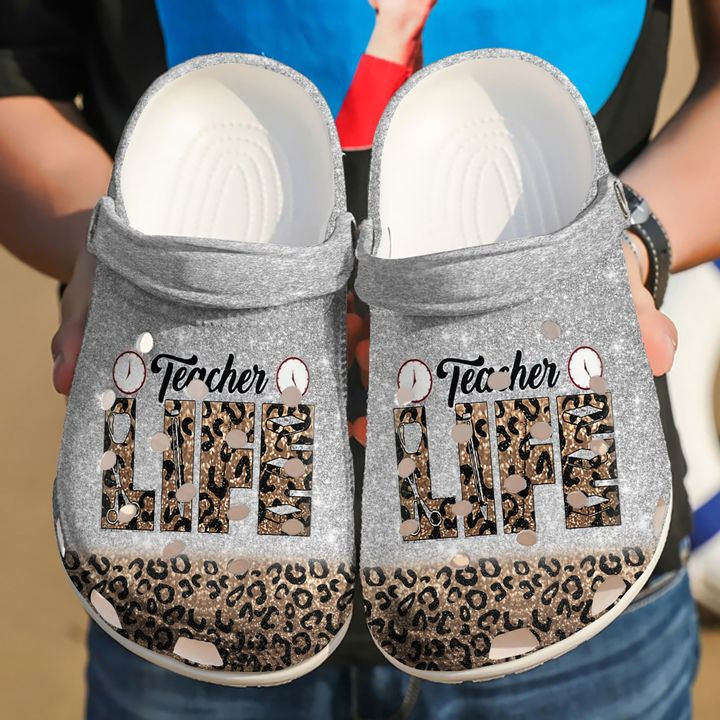 Teacher Life Leopard Glitter Crocss Crocband Clog Shoes For Men Women For Men Women Kids