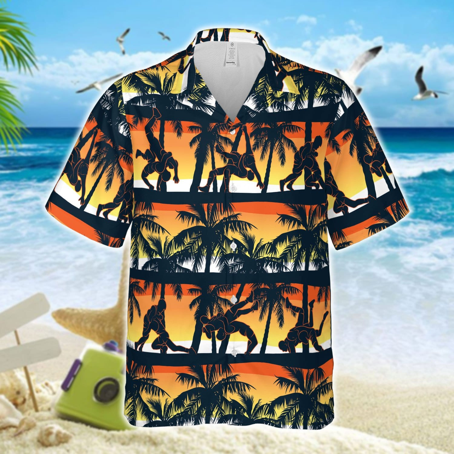 Wrestling Time Sunset Palm Tree Pattern Unisex Hawaii Shirts Beach Shorts Ha65185