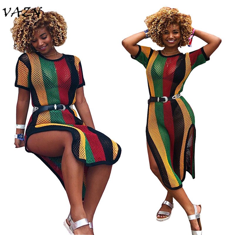 VAZN Special Design 2018 New Popular Casual Style Women Dress Striped Hollow Out O-neck Short Sleeve Midi Dress Vestido TS789 alx