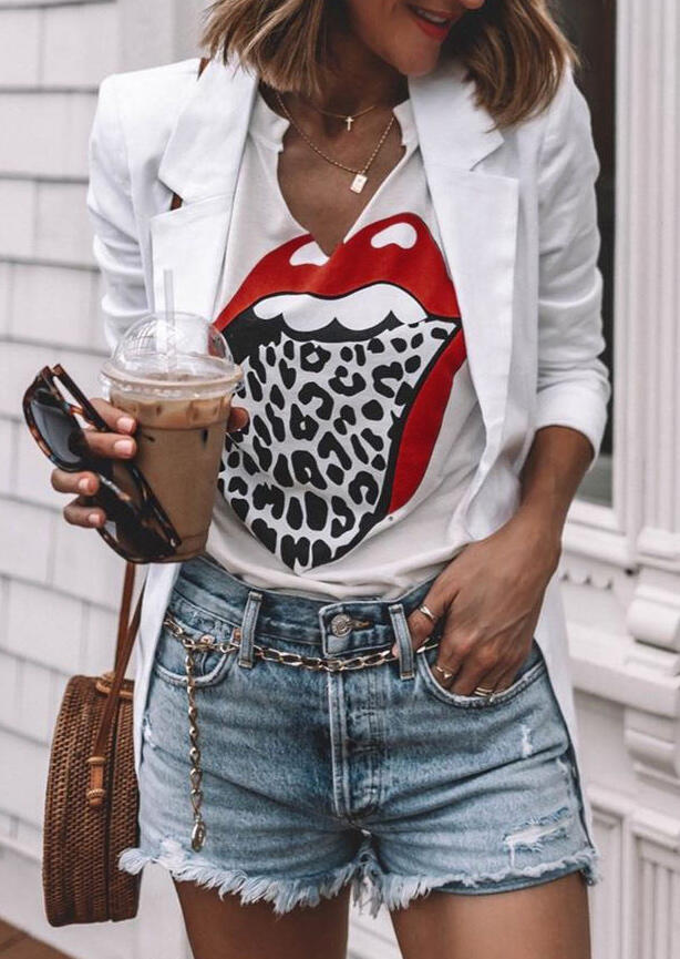 Short Sleeve Basic T-Shirt Leopard Printed Lips T-Shirt