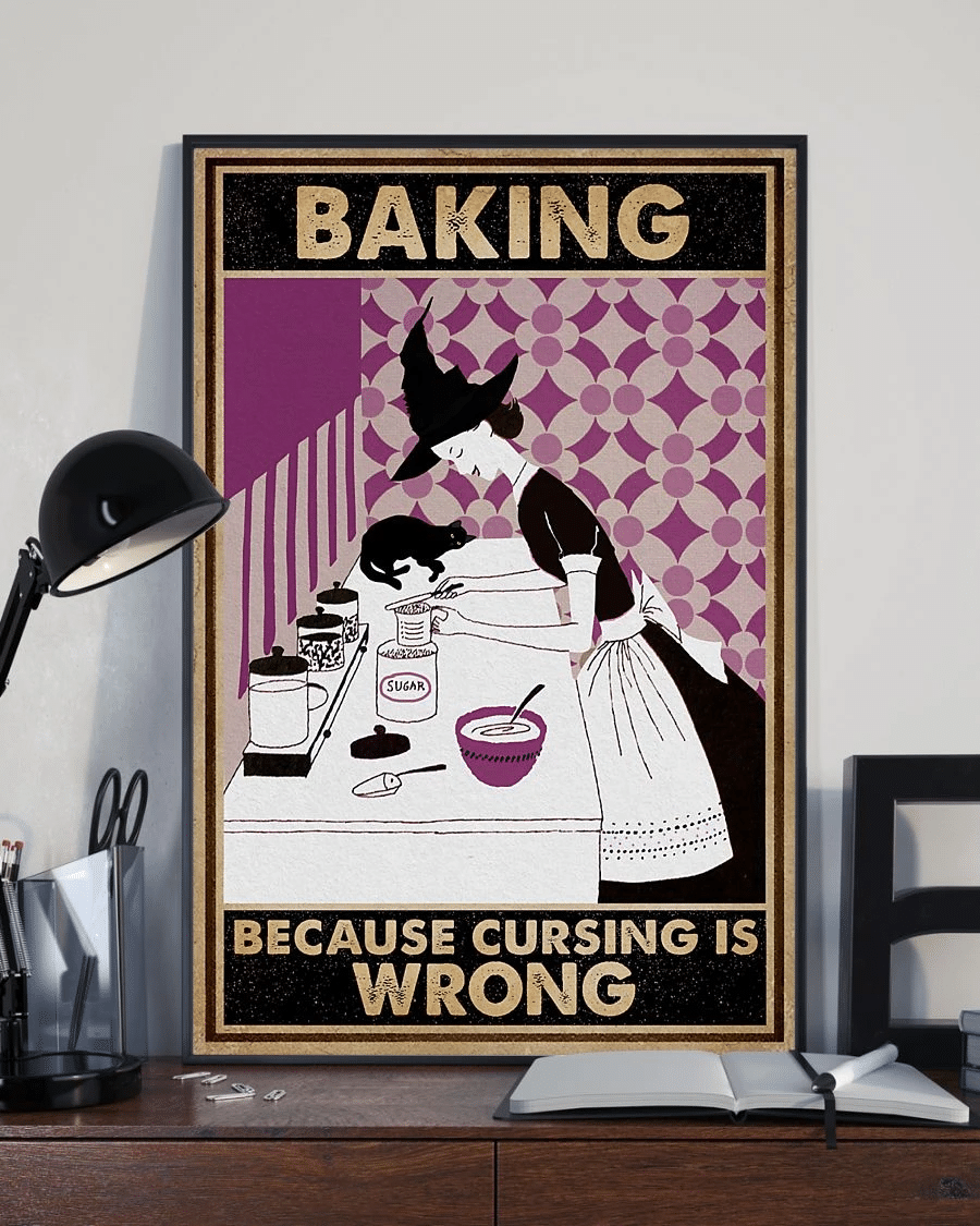 Witch Cat Baking Poster Canvas – Baking Because Cursing Is Wrong Vintage Home Decor Wall Art Evg81463