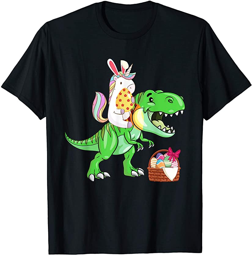 Bunny Unicorn Riding T-rex Dinosaur Happy Easter Egg Hunt T-Shirt