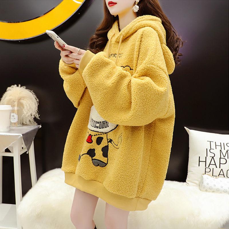 Women Winter Hoodie Casual New Arrival Lamb Wool Embroidery Lucky Cute Little Cow Lady Sweatshirt Korean Red Pullover Female alx