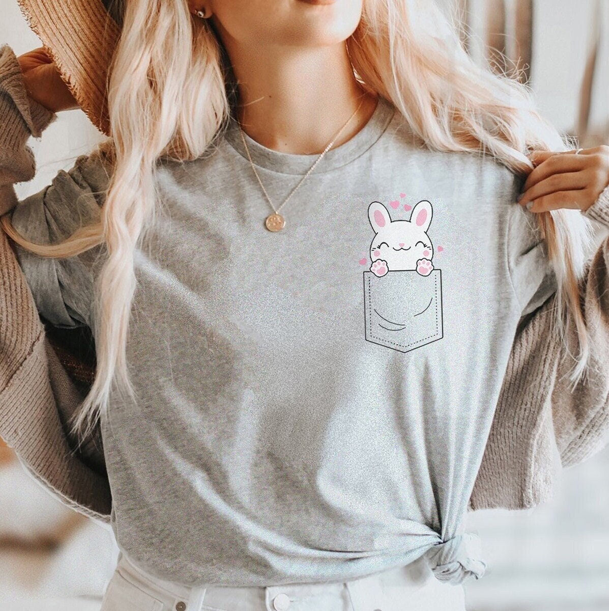 Valentine’s Day Bunny in Pocket Shirt -Pocket Rabbit T-Shirt, Cute Rabbit Tee, Cute Bunny Shirt, Womens Rabbit Clothing, Mens Rabbit Clothes